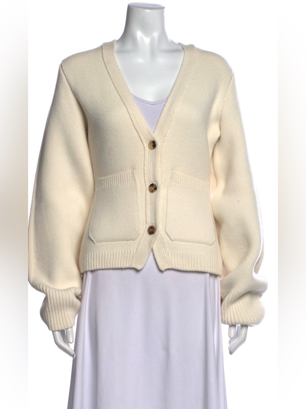 KHAITE Cream V‑Neck Button Cardigan with Patch Pockets